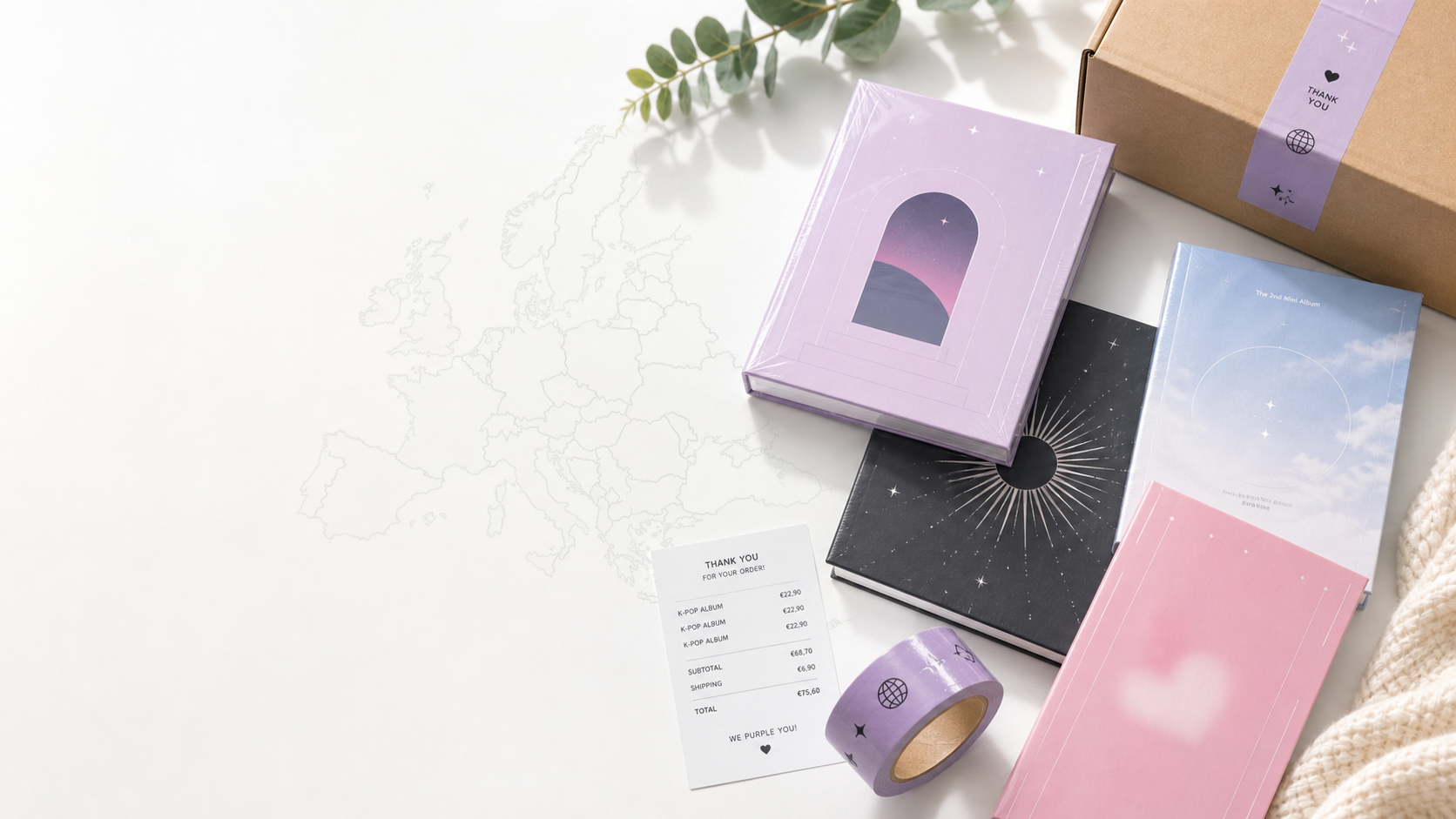 K-pop albums, shipping box and Europe map styled as a blog header for buying official K-pop albums in Europe