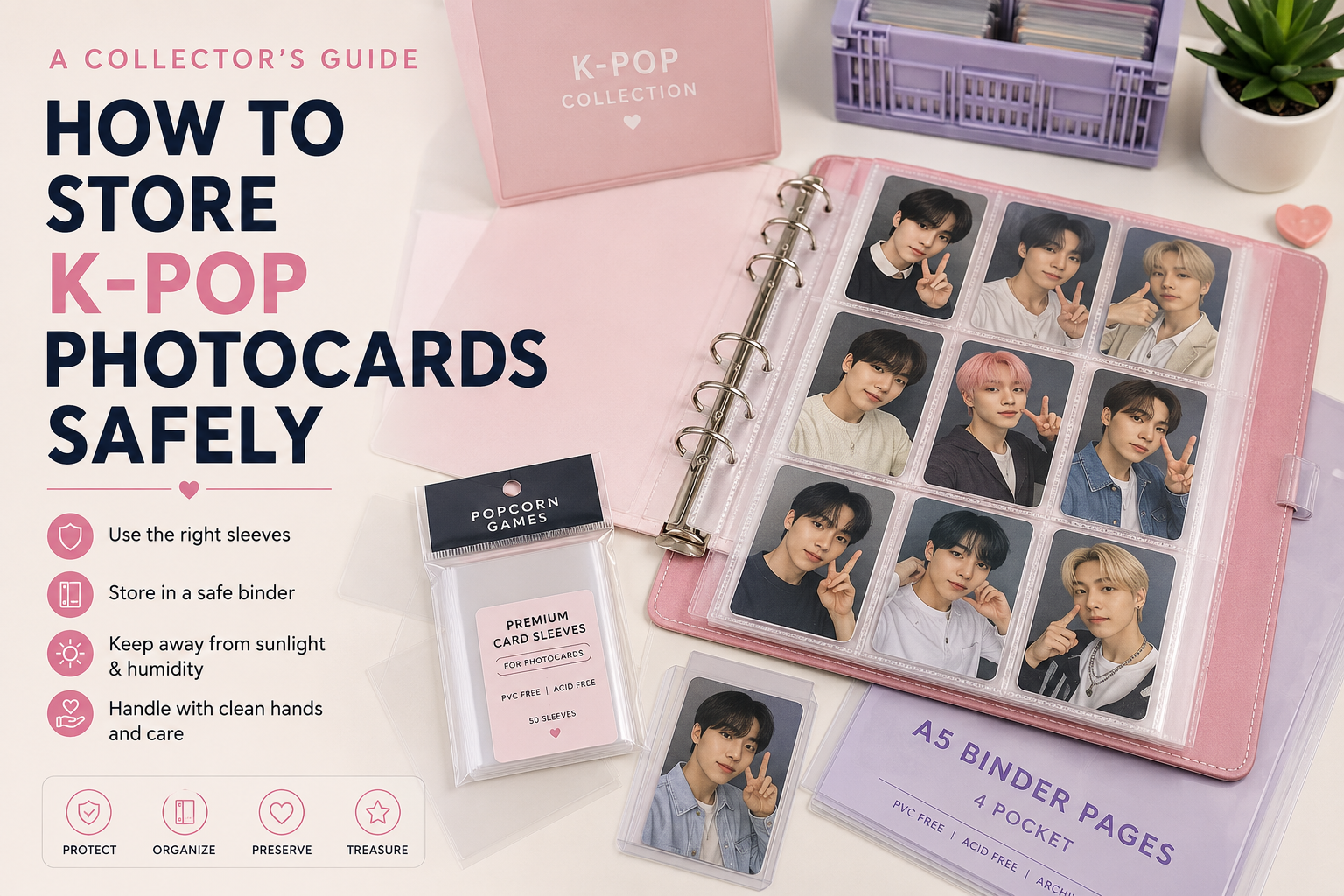 K-Pop photocard storage guide with protective sleeves and an A5 photocard binder