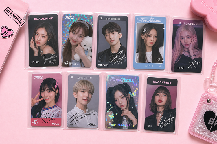 K-Pop photocard collection featuring BLACKPINK, TWICE, SEVENTEEN, and NewJeans cards in protective sleeves - European fan collecting guide