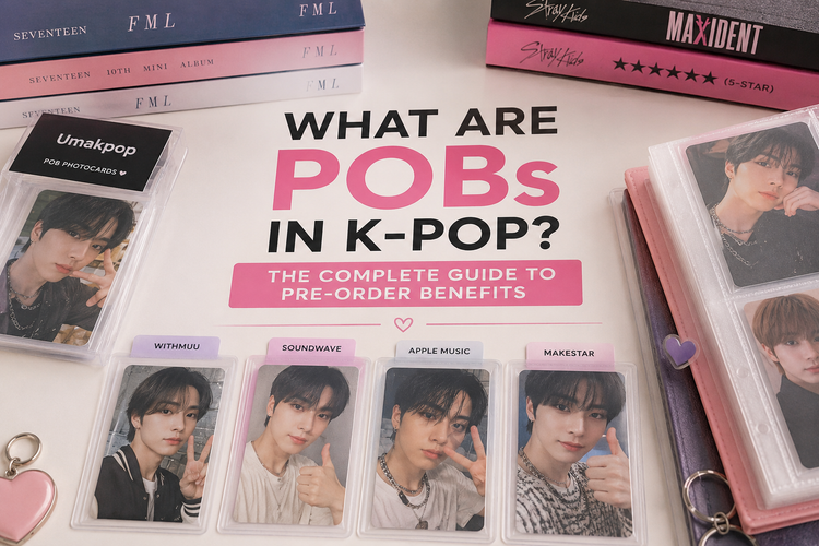 Official K-Pop Pre-Order Benefit photocards displayed beside sealed K-Pop albums and collector accessories